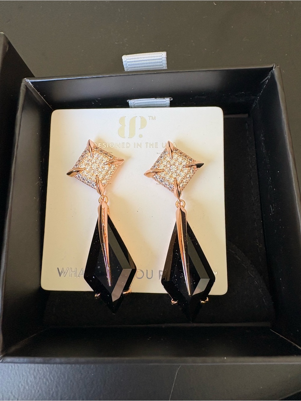 Rose Gold Crystal & Black Drop Earrings